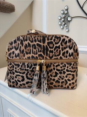 Leopard Print Cosmetic Case with Tassel Zips - Tan/Black